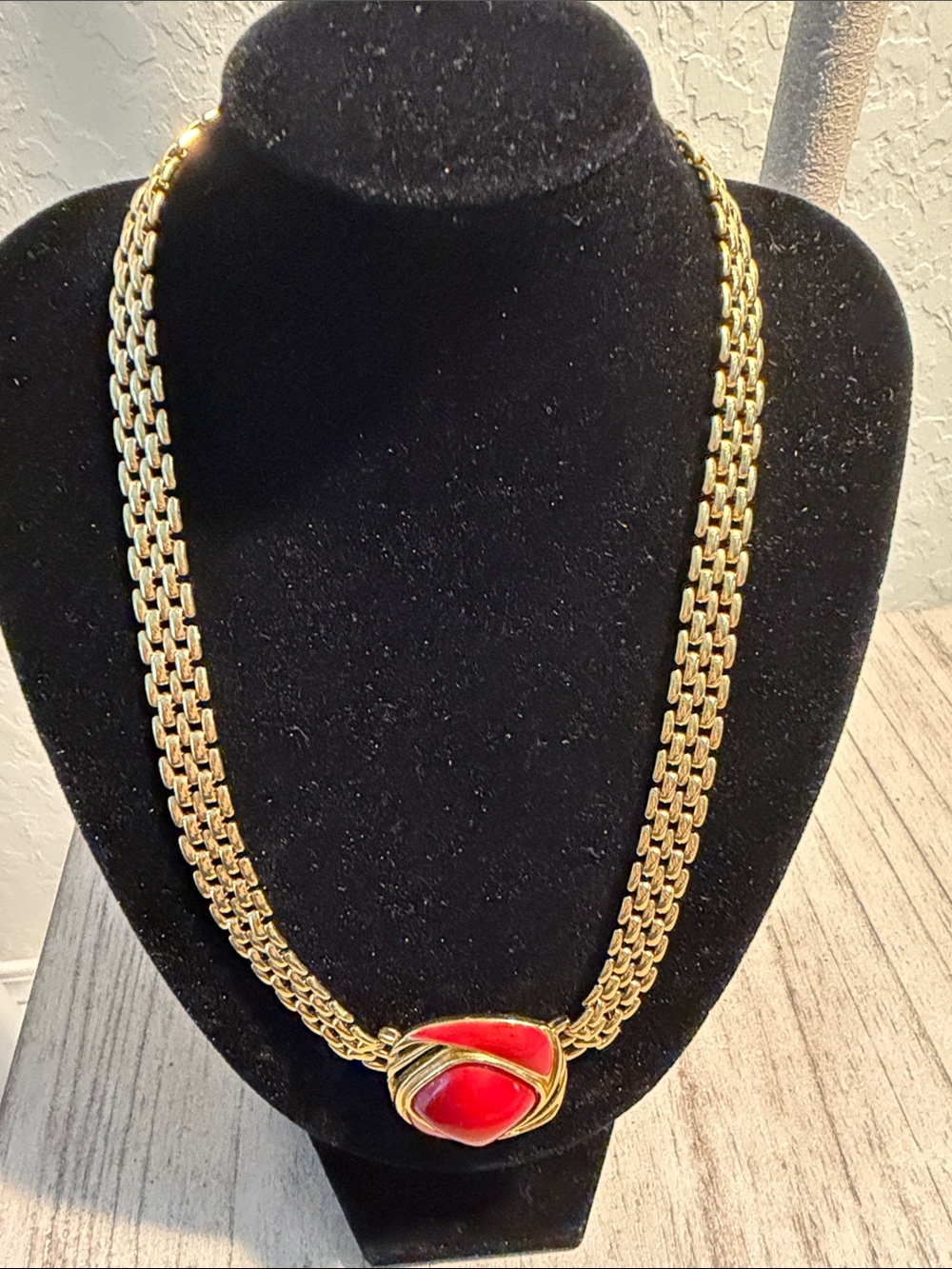 Vintage Trifari Gold-Tone Multi-Strand Necklace with Red Cabochon
